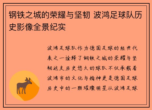 钢铁之城的荣耀与坚韧 波鸿足球队历史影像全景纪实